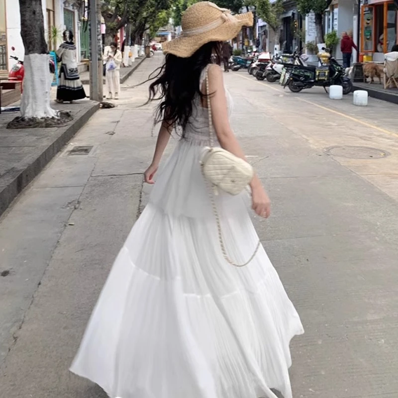 白色雪纺半身裙女春夏季2025新款高腰显瘦a字百搭压褶蛋糕裙长款