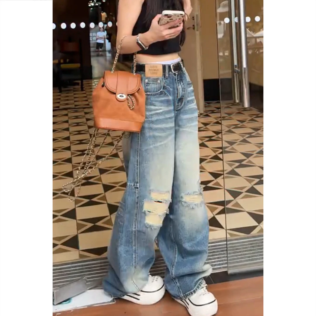 艾塔莉牛仔裤早秋新款水洗破洞裤磨破设计个性高街长裤女高腰宽松