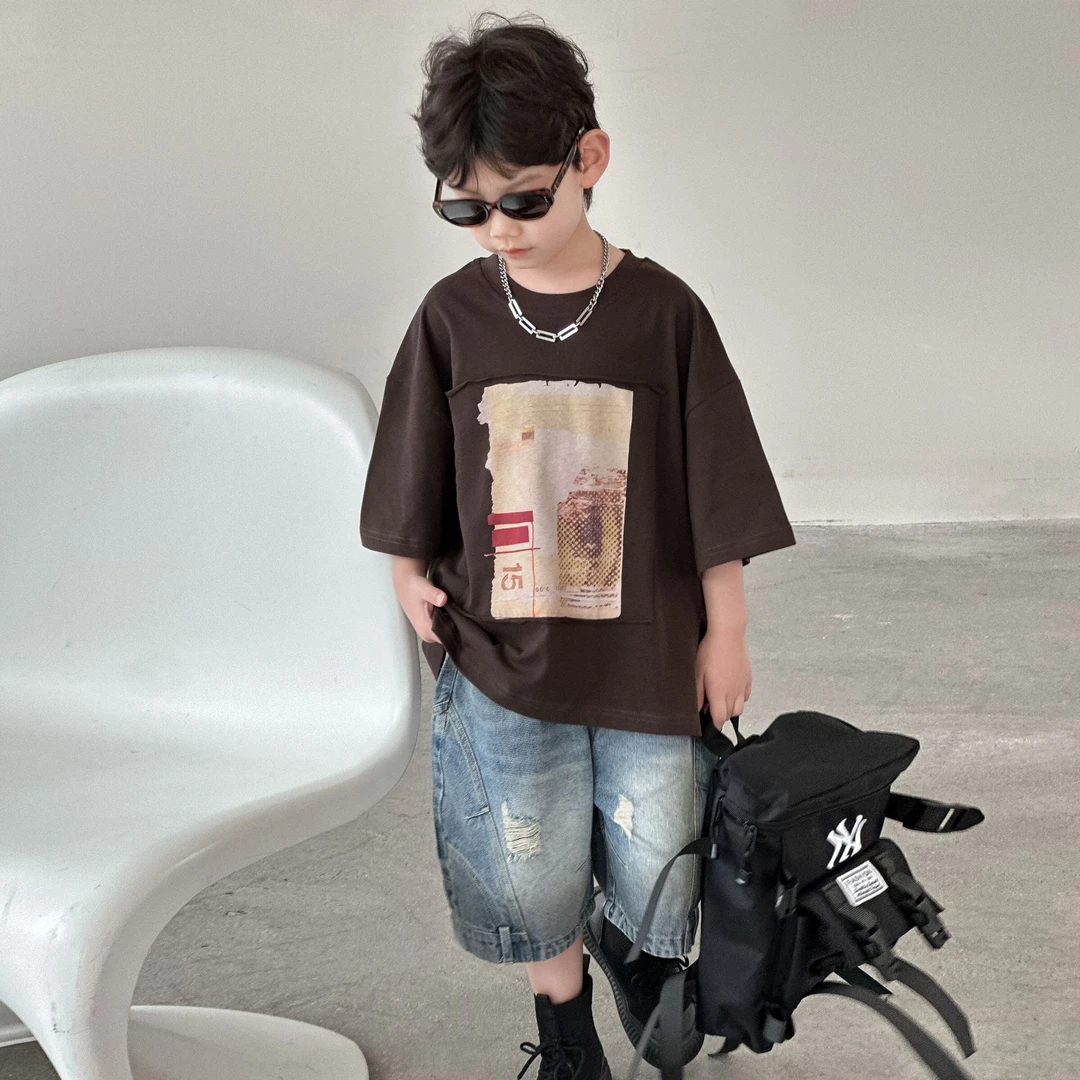 HY25117男童2025夏季新款儿童印花短袖T男孩休闲宽松上衣童装