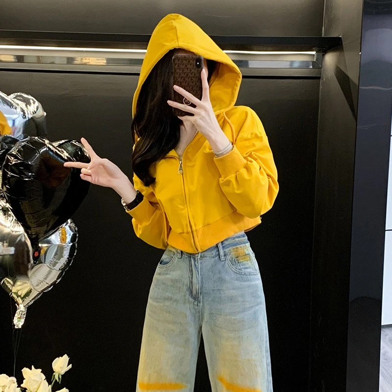 外套韩国2025春装时尚连帽拉链口袋短款卫衣橘色宽松长袖