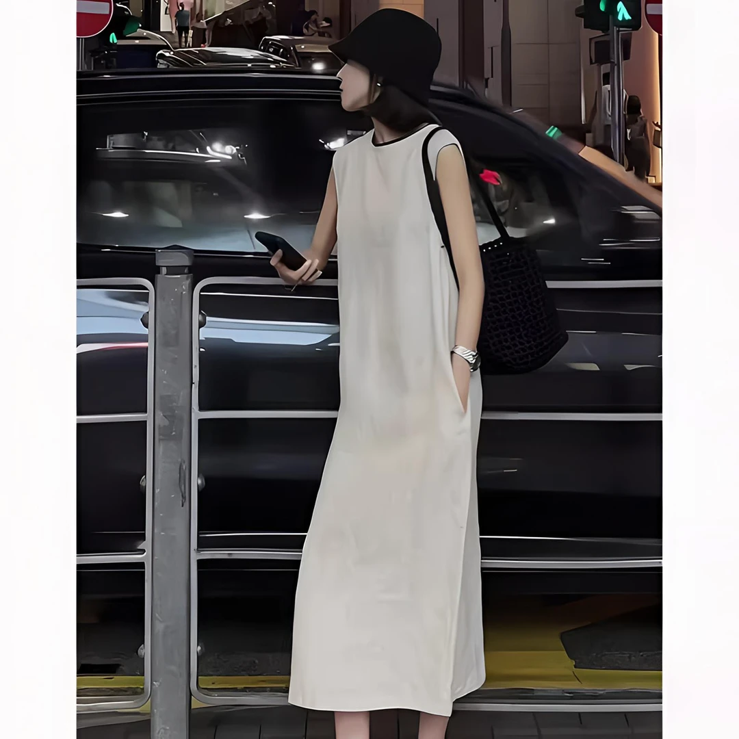 亚麻背心连衣裙女夏季新款圆领无袖宽松显瘦休闲白色度假风长裙