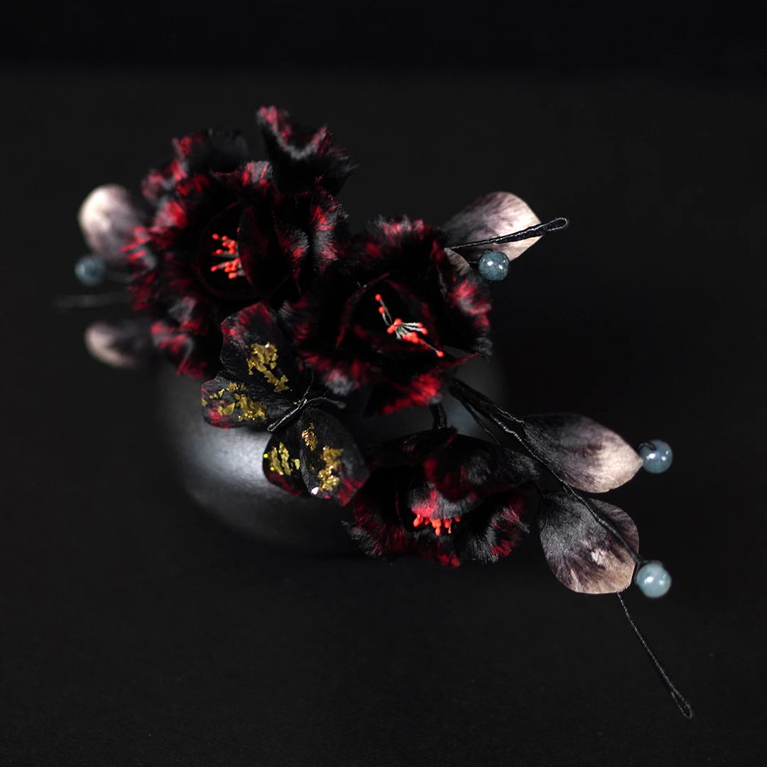 非遗绒花 | 暗香 牡丹 纯手工蚕丝线绒花国风中式发边夹