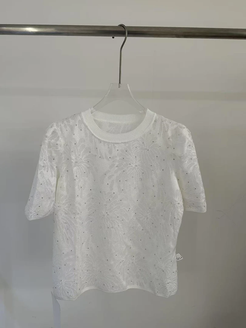 夏季重工设计感钉珠法式决美显瘦时尚百搭女短袖