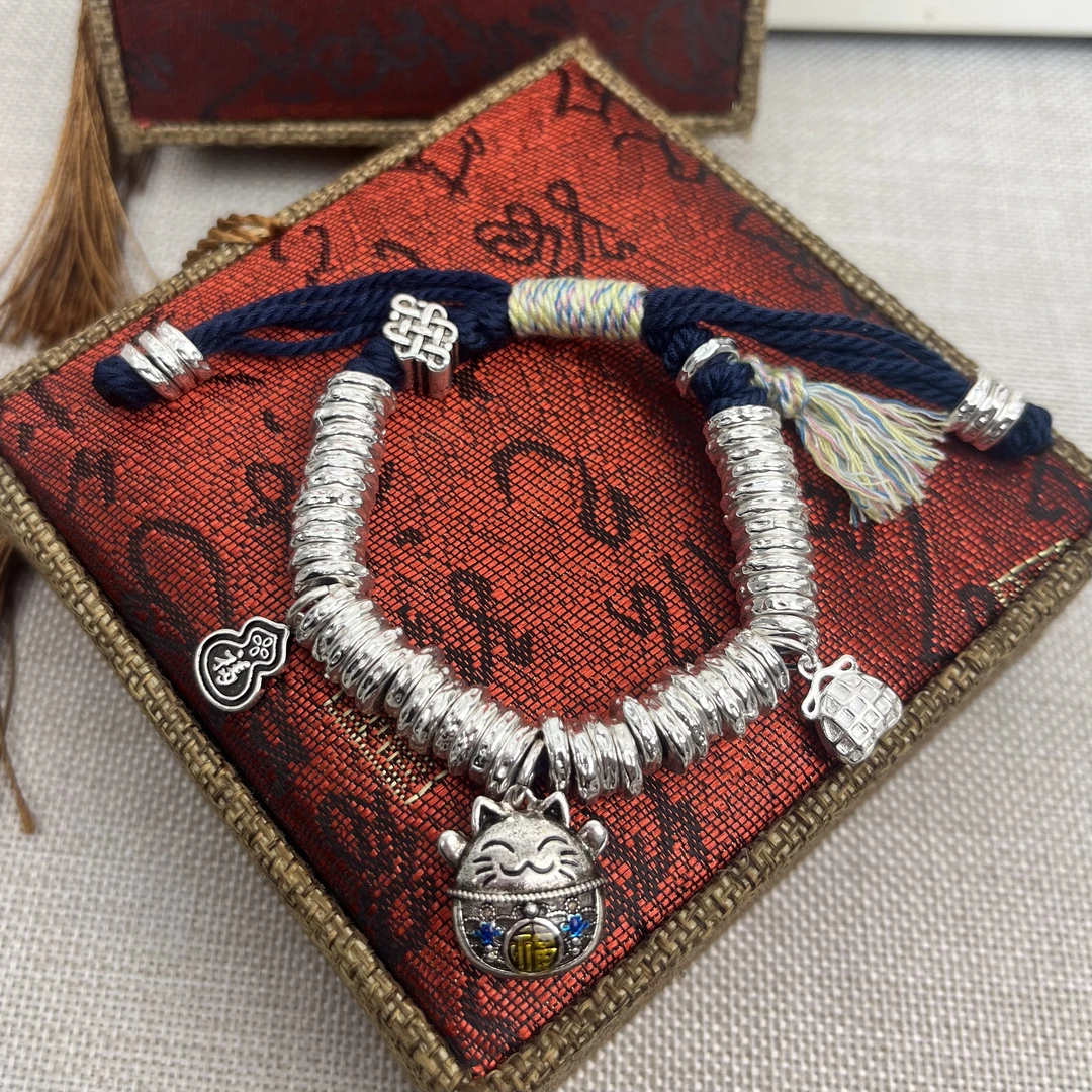 足银手镯 999.9【S171】 33.9g叮当猫蓝盘缠编绳银制品时尚