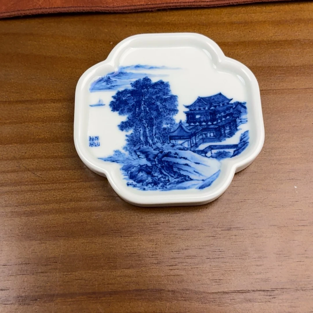 景德镇 纯手工手绘 青花山水盖置