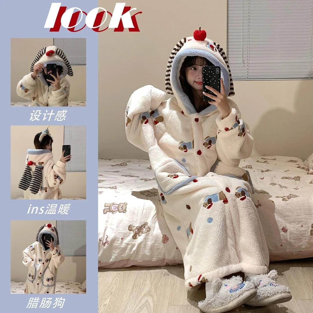 可爱少女卡通腊肠狗睡衣女珊瑚绒加绒加厚睡袍2025新款冬季家居服