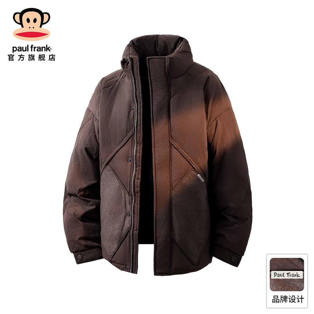 PaulFrank/大嘴猴复古拼接保暖羽绒服男冬季新款90白鸭绒立领外套