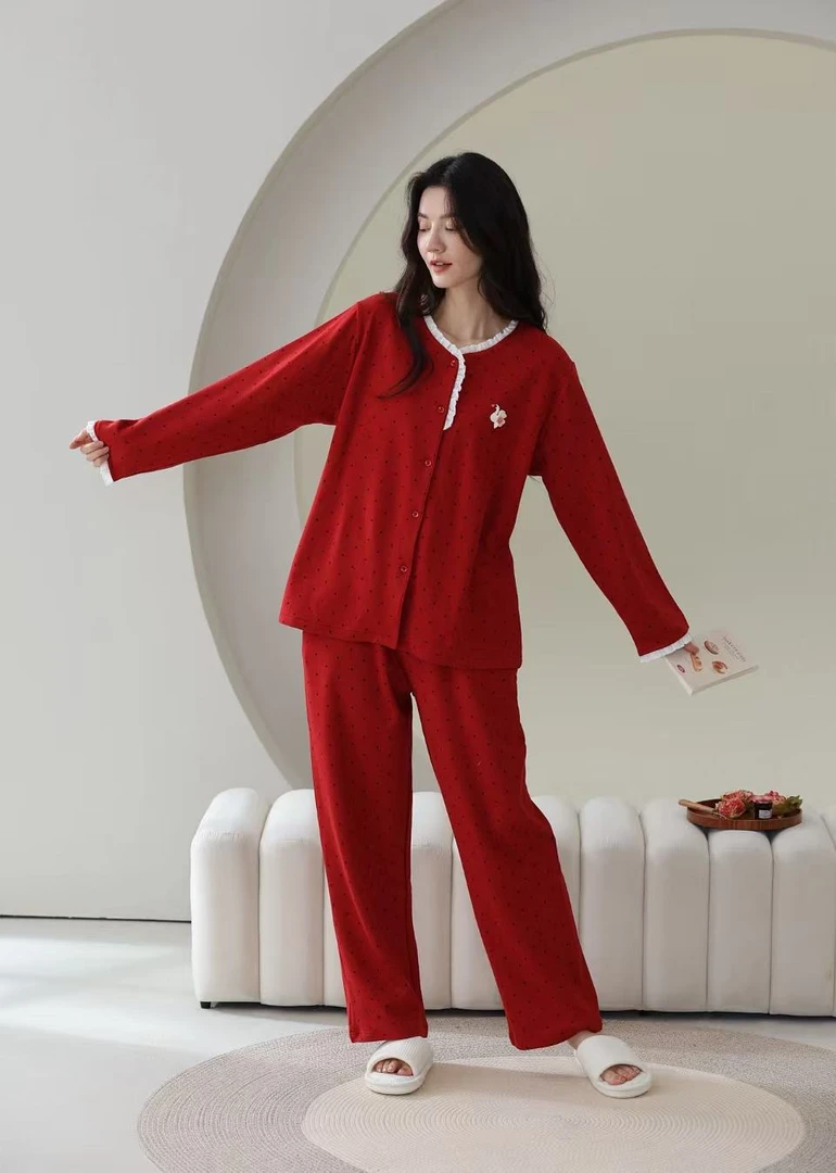 2号【壹加壹】新款睡衣女秋冬2025红色小香风两件套开襟加绒加厚