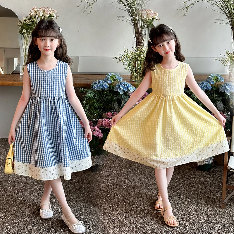 休闲风夏季短袖格子纯色连衣裙无袖夏装洋气中大童韩版小女孩