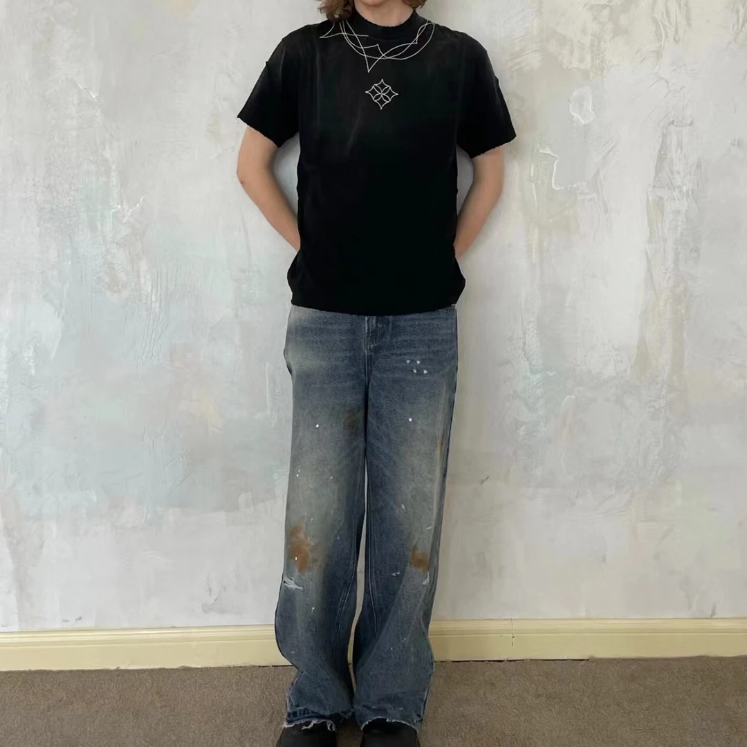 2-16（超多明星同款）【四芒星】买手店潮牌男款做旧水洗牛仔裤 FF012