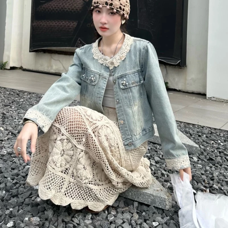 2025春季新款韩版蕾丝花边拼接翻领短款牛仔外套女长袖小个子夹克