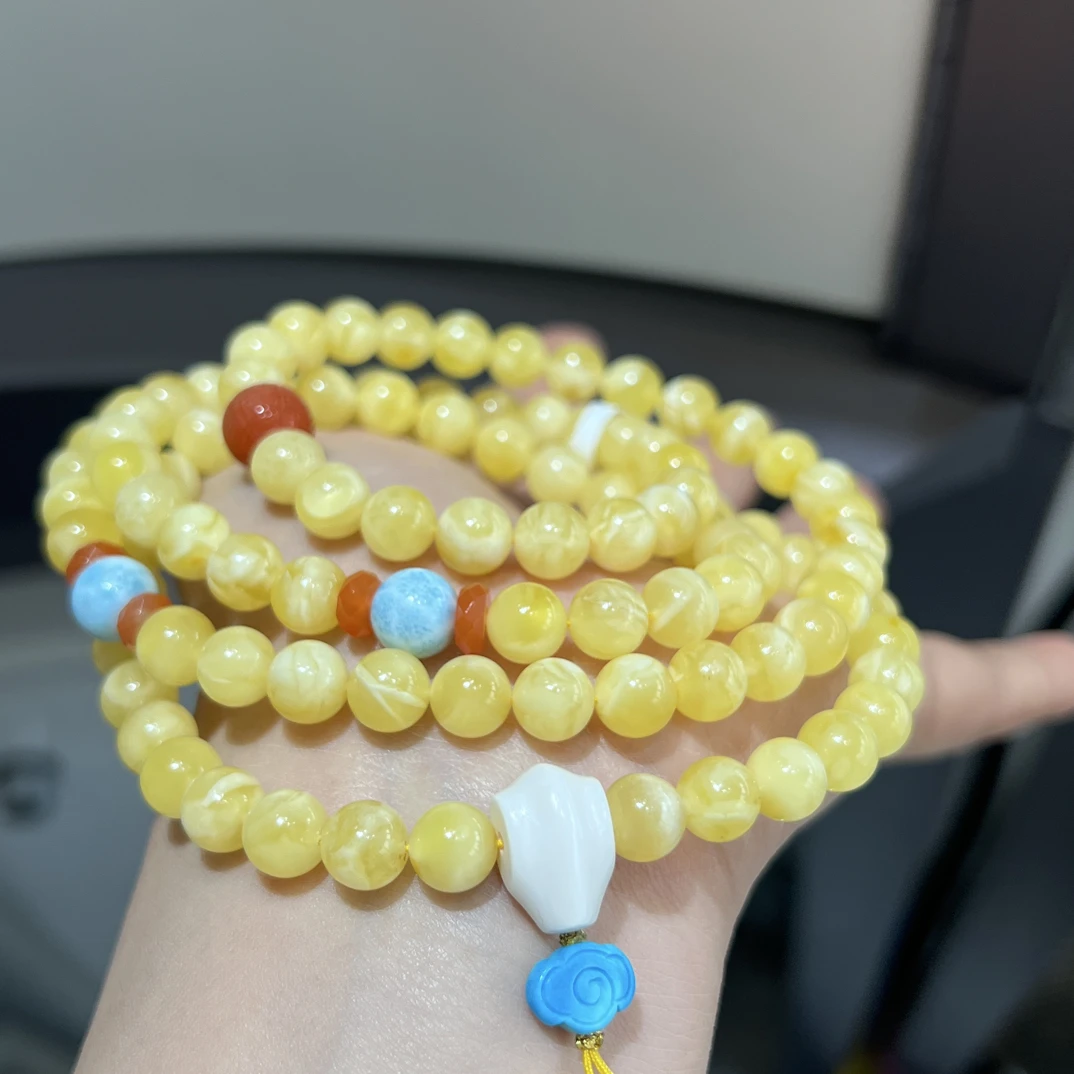 天然蜜蜡浓白妖花108佛珠多圈挂链7㎜➕