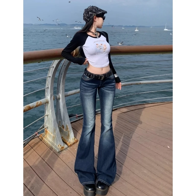 美式复古低腰微喇牛仔裤女2025新款高街辣妹百搭修身弹力喇叭裤子