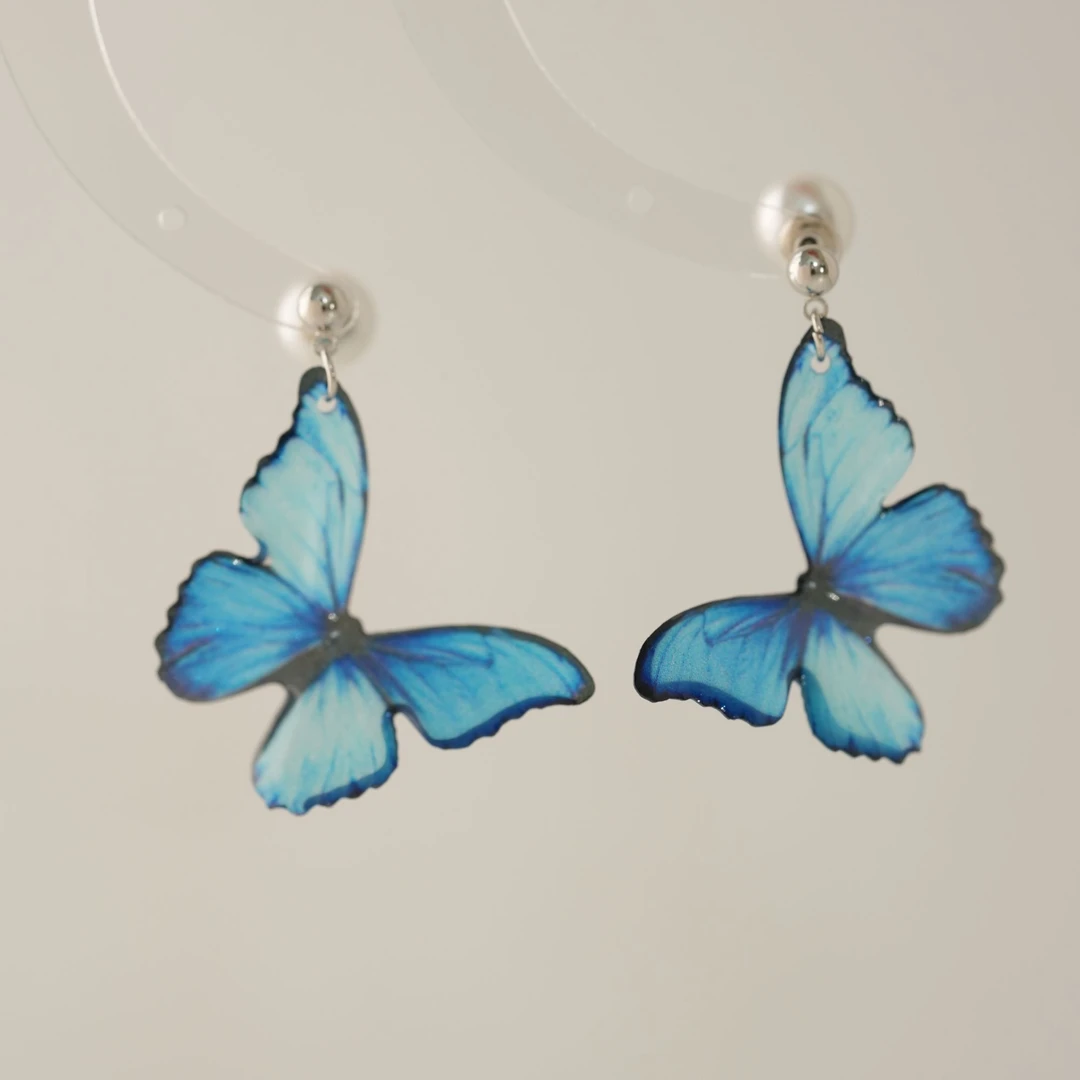 因缺斯汀饰品 铜合金耳饰 【翩翩起舞】蓝色仙气蝴蝶耳钉无耳洞耳夹