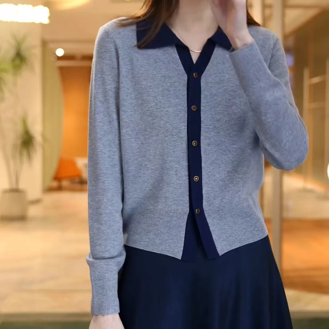 拼色针织开衫毛衣女春秋新款宽松减龄时尚针织衫外套气质洋气上衣