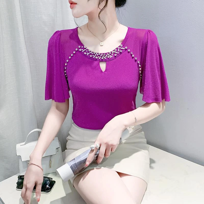 夏季新款网纱圆领镂空钉珠荷叶袖时尚洋气韩版上衣短袖T恤女款女