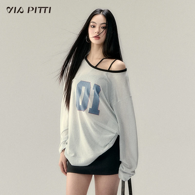 ViaPitti【商场同款新品】休闲字母宽松版撞色大领口T恤VIAATP076