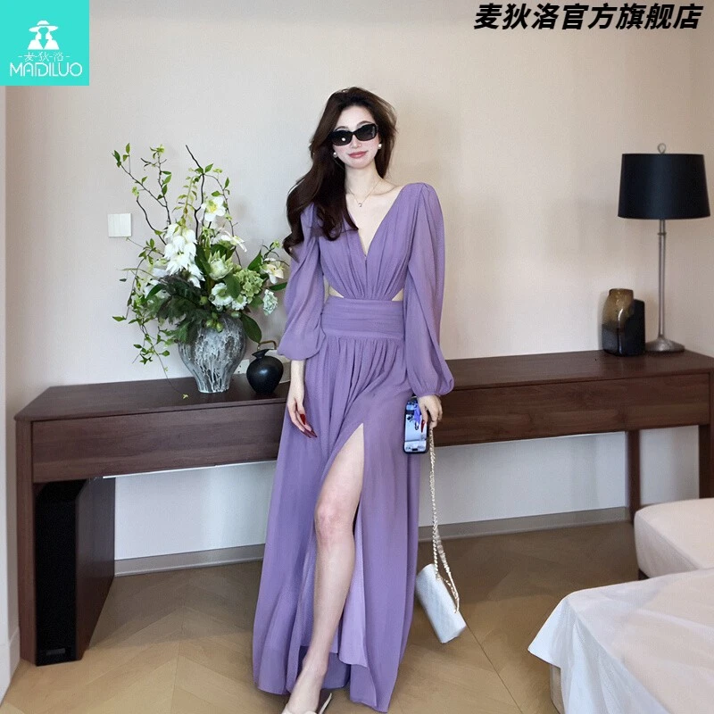 紫色领露背长袖连衣裙女春夏新款法式度假风收腰显瘦开叉长裙子