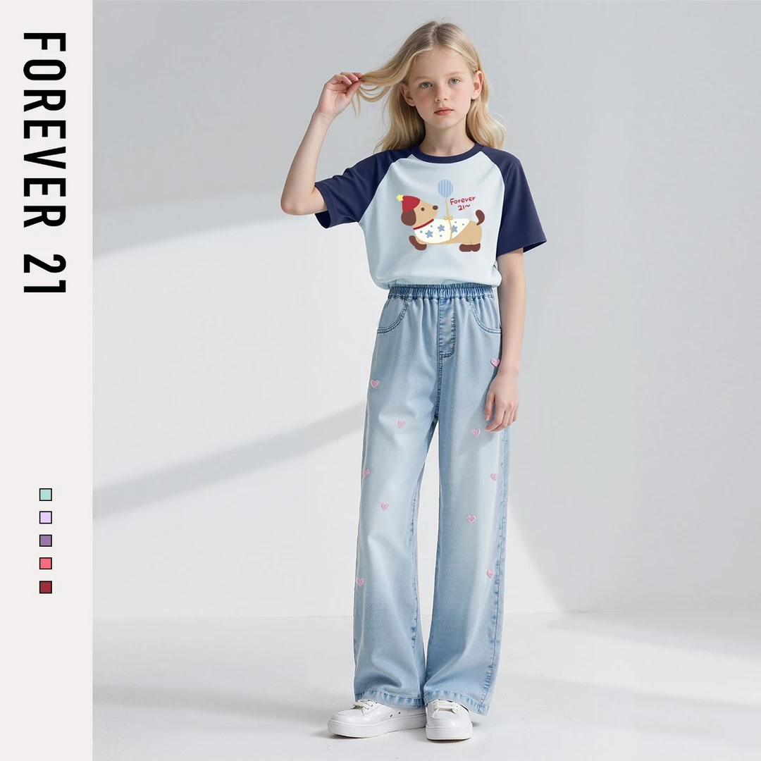 Forever 21童装女童夏装套装2025年款衣服儿童牛仔裤薄女孩短袖