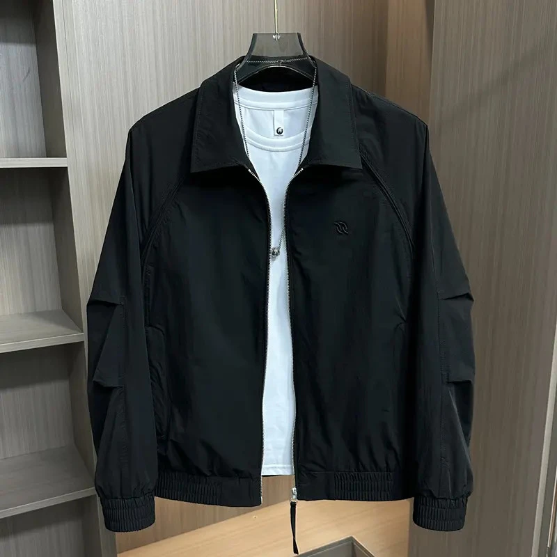 2025春秋季新款翻领夹克男士潮流简约帅气百搭休闲纯色上衣外套男