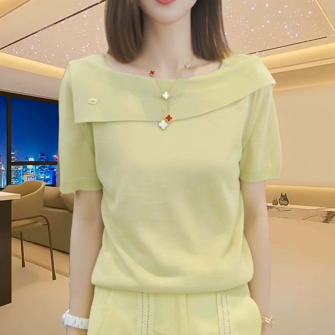夏季宽松透气圆领短袖针织衫女2025新款气质休闲时尚百搭薄款上衣