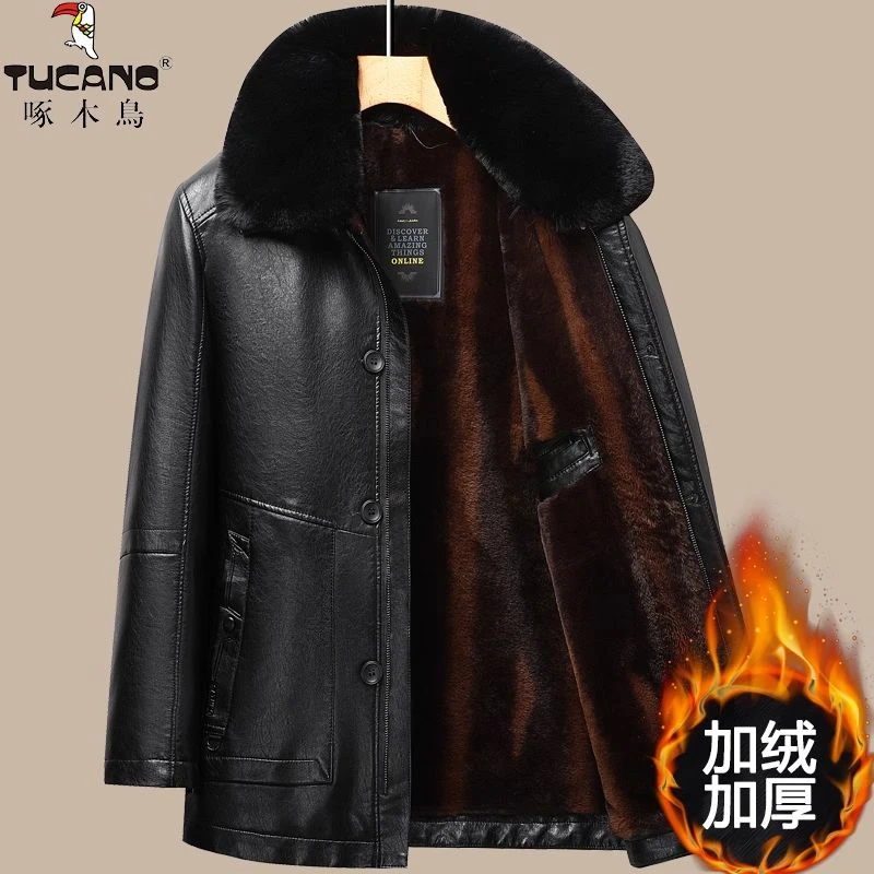 啄木鸟中老年人皮衣男爸爸冬装外套加绒加厚冬季爷爷保暖款皮夹克