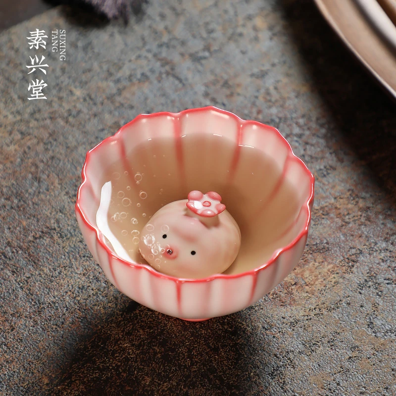 素兴堂粉汝窑会吐泡泡茶宠鱼精品可养摆件小猪花瓣主人杯可爱茶玩