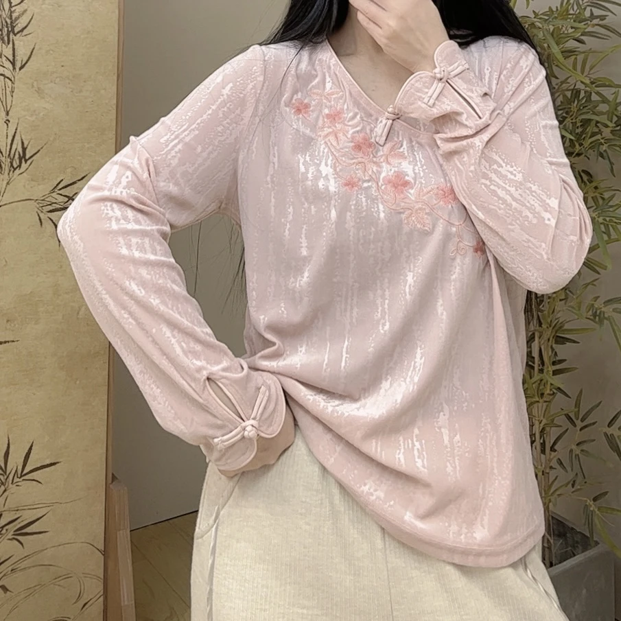长袖打底衫复古刺绣打底衫女