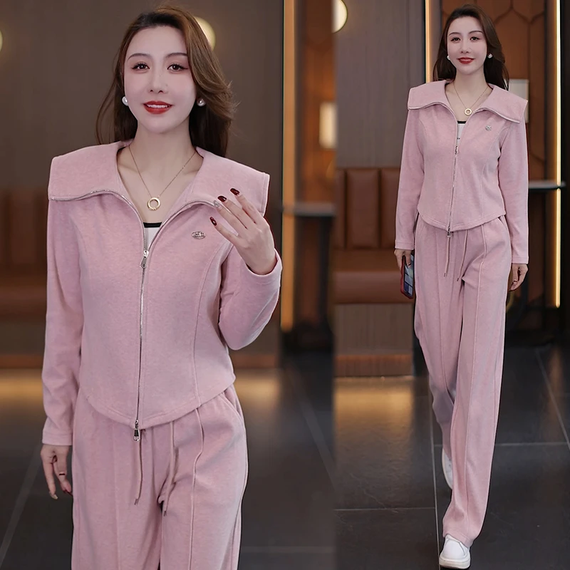 休闲风翻领时尚套装女显瘦长袖减龄上衣小个子阔腿裤卫衣两件套