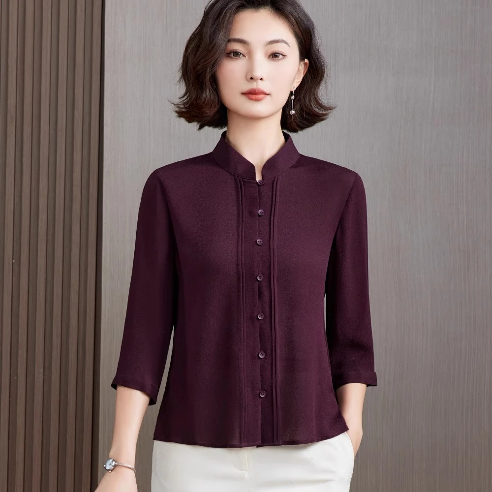 2025新款夏装洋气妈妈真丝上衣杭州纯色桑蚕丝衬衫宽松显瘦遮肉