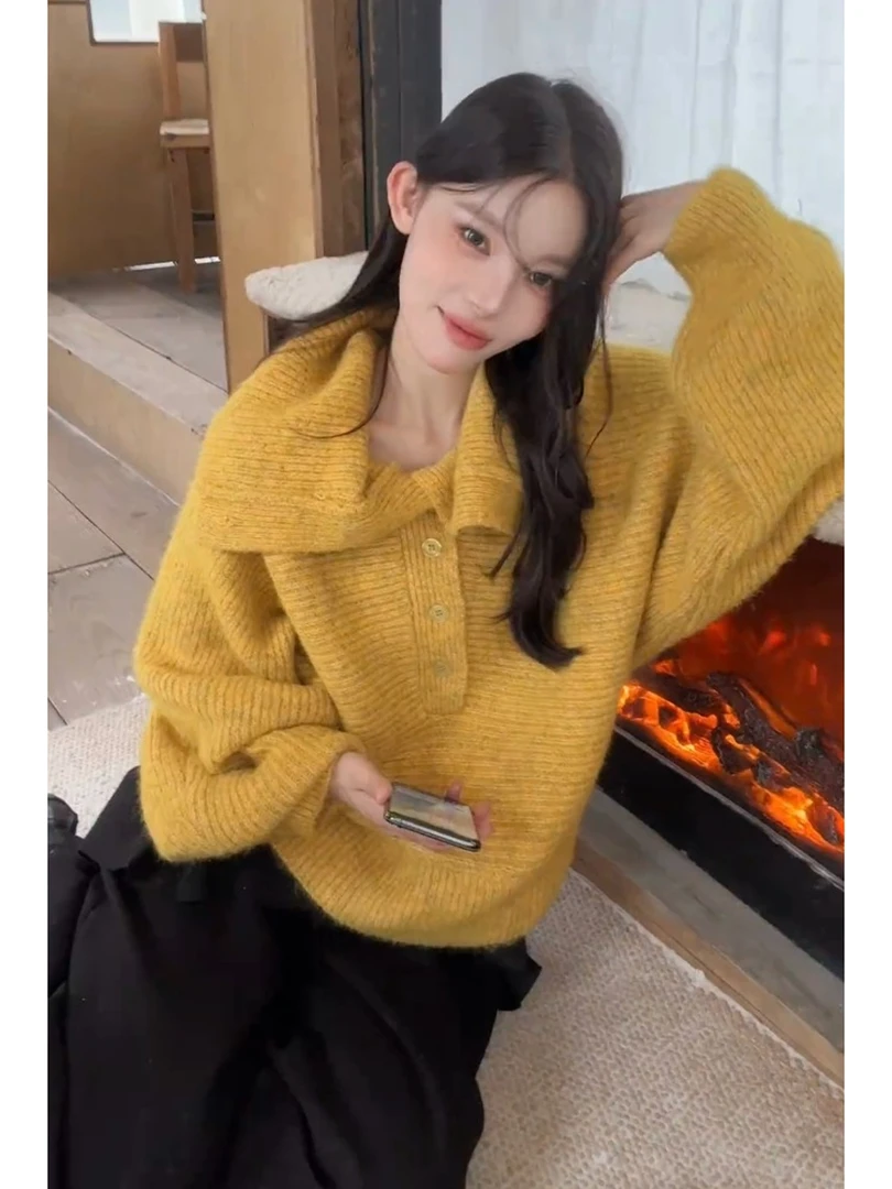黄色翻领毛衣女秋冬季高级感独特漂亮巨好看气质小香风针织衫上衣