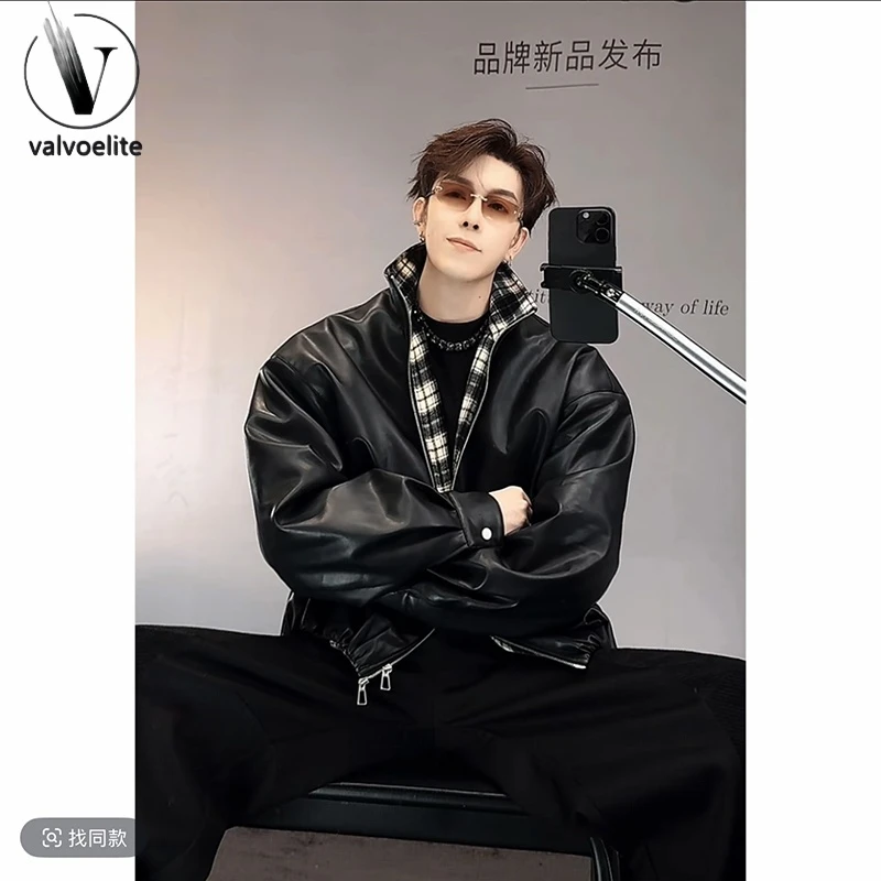 美式格纹假俩件皮夹克男秋季高街痞帅设计感皮衣宽松情侣外套