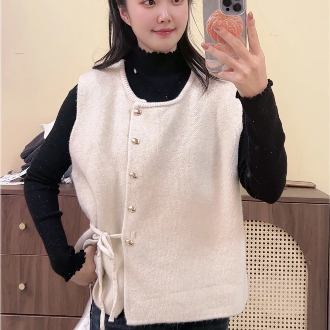 【绑带马甲】杏色马甲毛衣秋冬新款上衣保暖套头针织开衫Y0080杏