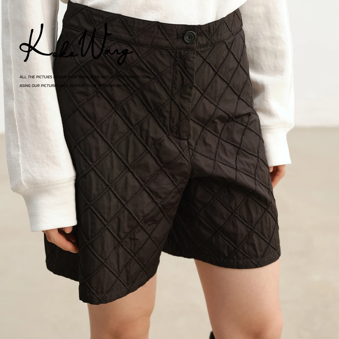 KOKO WANG秋冬新款舒适布料款桑蚕丝菱格纹系带短裤N6585G24BK41