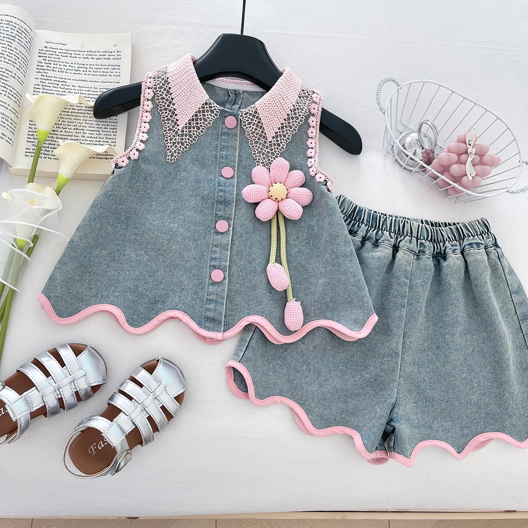 【牛仔】女童夏季牛仔套装女孩两件套透气韩版花朵软牛仔裙SA30482