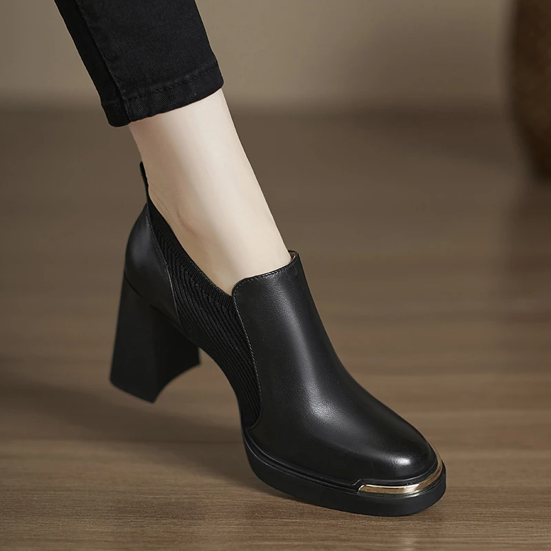 小个子手工女鞋8.3cm~不累脚高跟鞋粗跟厚底针织拼接复古深口单鞋