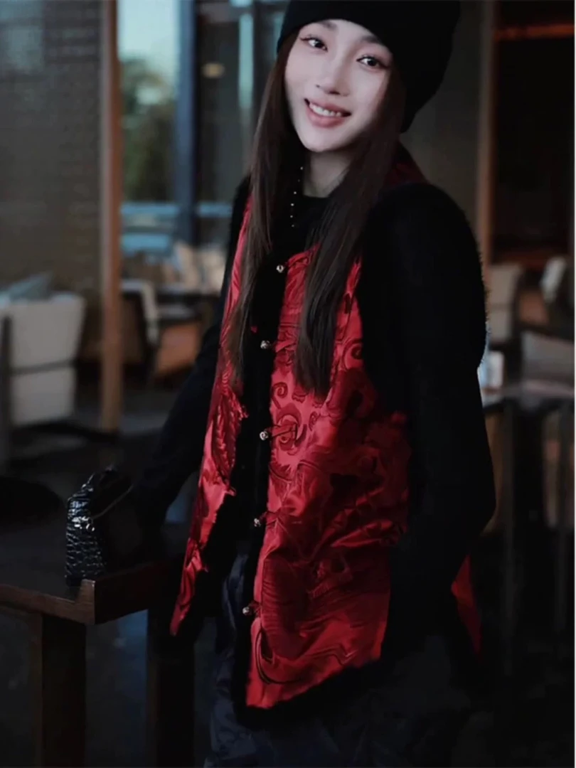 新中式国风盘扣红色水貂毛马甲女新款爆款秋冬高级感超好看083