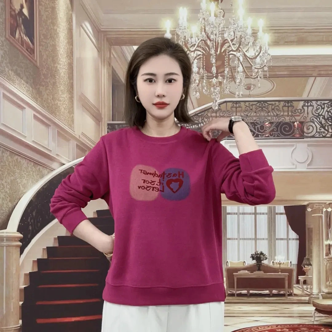 秋季新款休闲时尚百搭显瘦胸前印花植绒宽松简约减龄圆领长袖卫衣