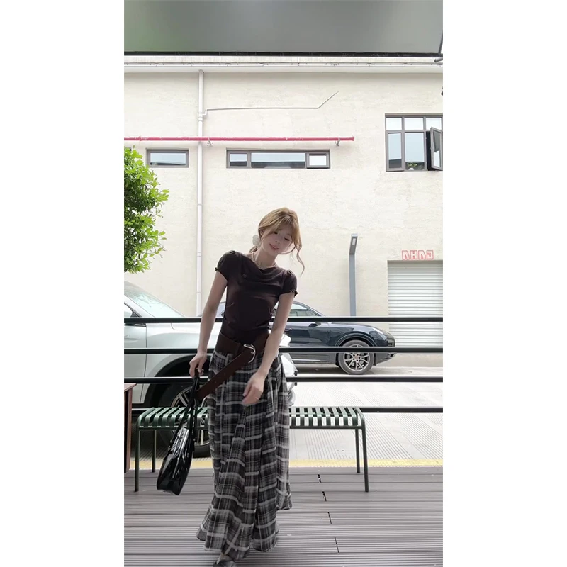 洋气衣服女夏季显瘦泡泡袖短款T恤上衣甜辣风复古格子长款半身裙