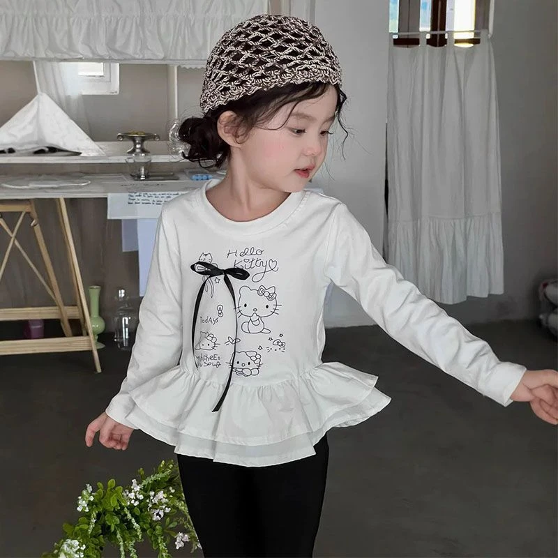 女童秋季长袖2025秋季新款韩版卡通打底衫小童春秋款荷叶花边上衣