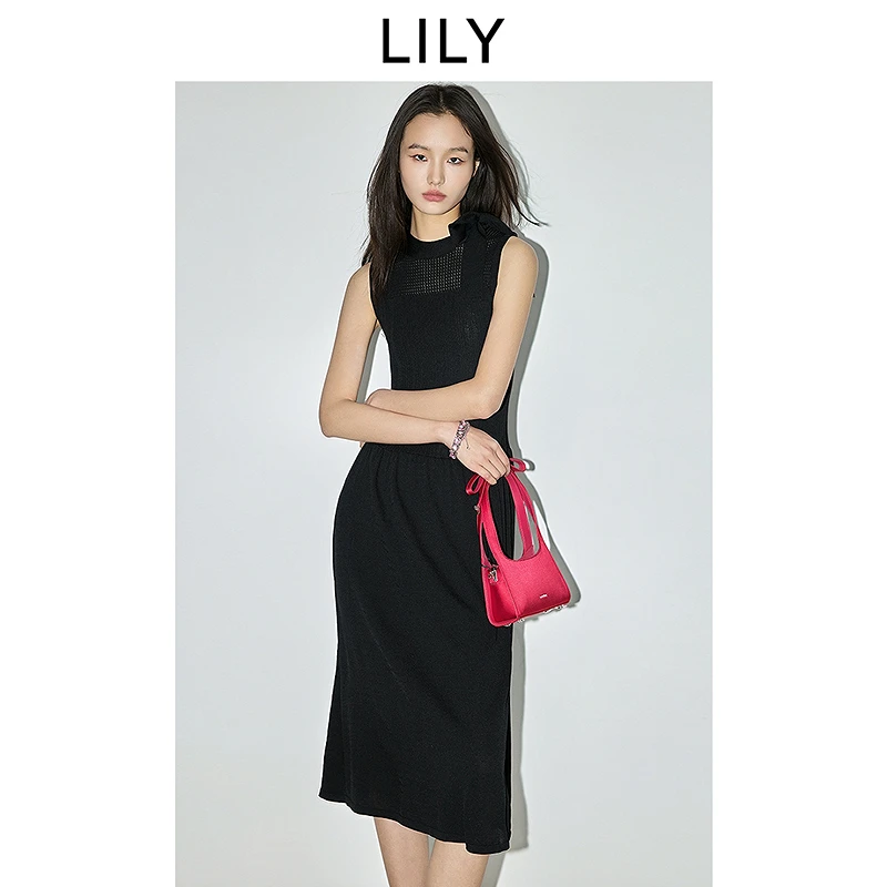 郁金香小黑裙LILY2025春季新款蝴蝶结通勤针织连衣裙125149V7910