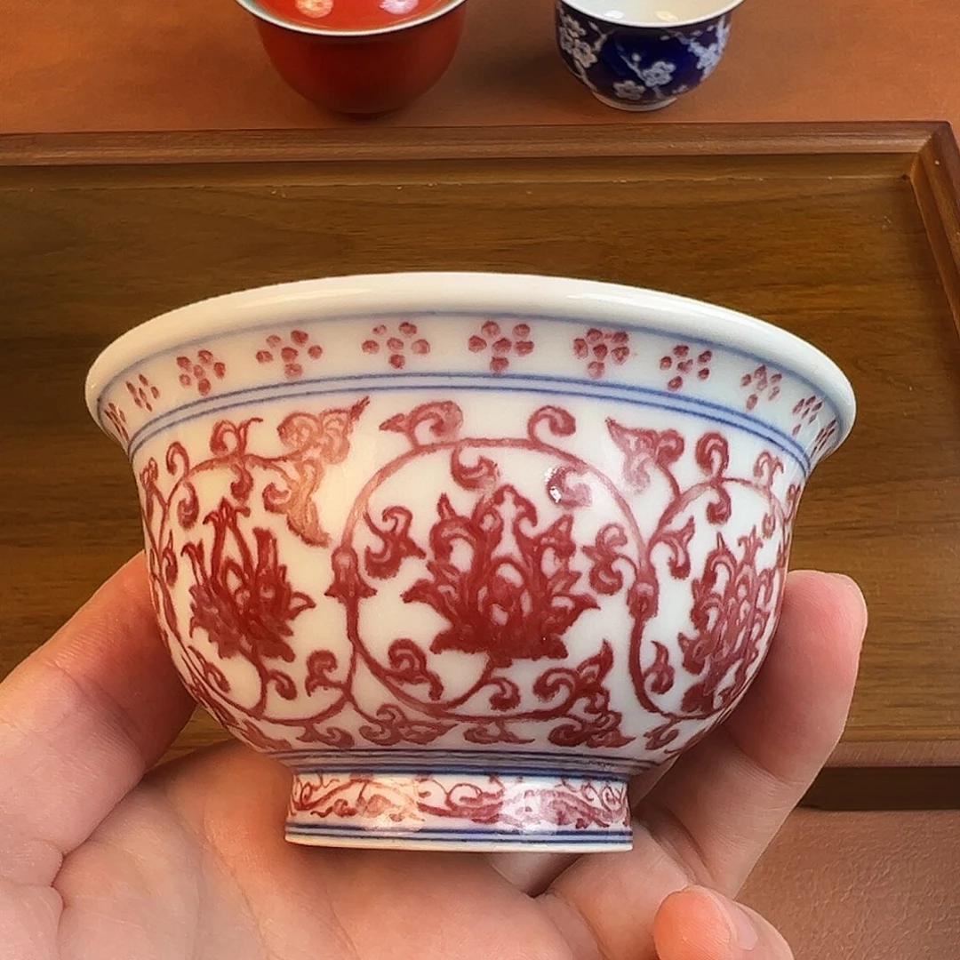 问青坊柴窑釉里红缠枝莲压手杯微瑕