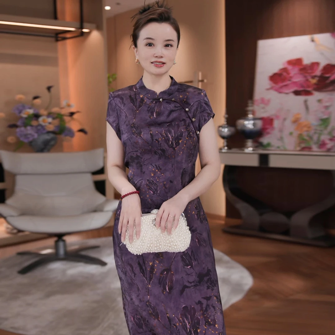 唯伊公馆夏季新款立领新中式旗袍女提花短袖收腰开叉连衣裙98692