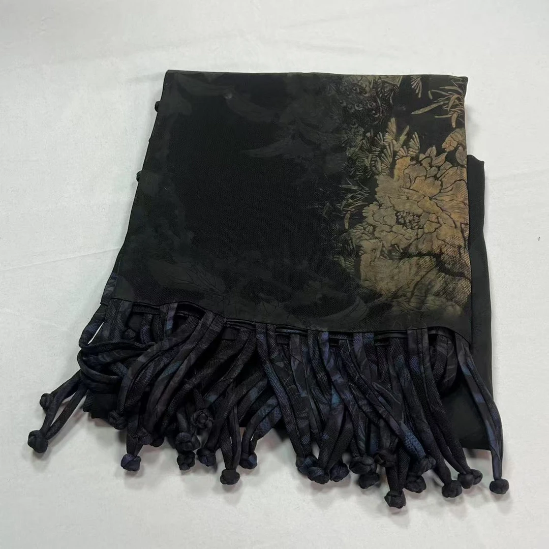 香云纱长巾-雀羽玫瑰 苏罗双层流苏53*190cm丝巾