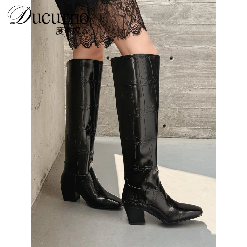 6cm欧美风高跟骑士靴女2025秋冬新款真皮百搭粗跟方头显瘦长筒靴