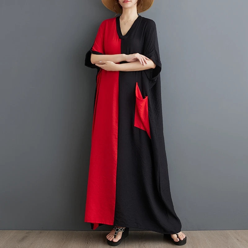 外贸出口撞色女夏季新款棉麻显瘦V领短袖撞色拼接黑长款连衣裙女