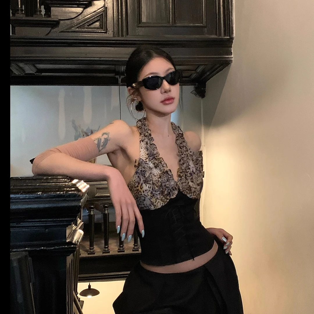 豹纹挂脖上衣女2025夏季新款辣妹鱼骨胸衣拼接背心吊带