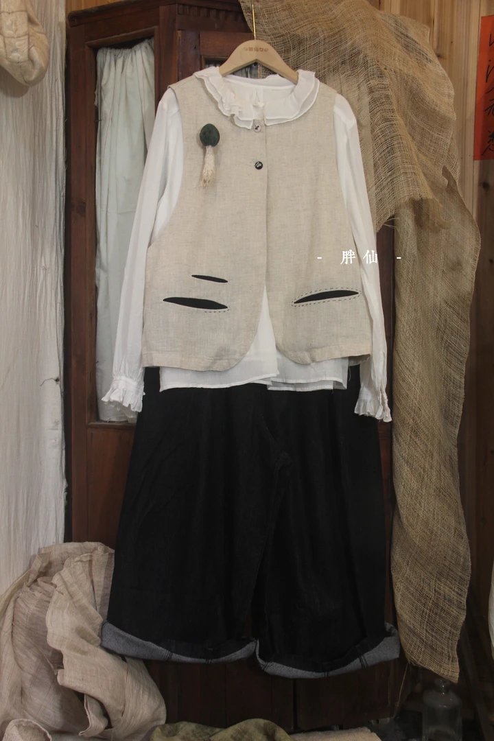 日系麻料手拱针马甲 No退换