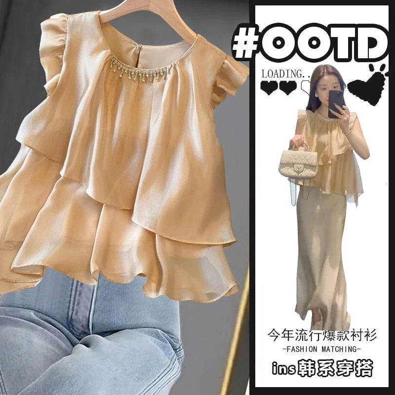 2025初夏穿搭微胖mm新款小飞袖雪纺上衣高腰鱼尾裙半身裙两件套