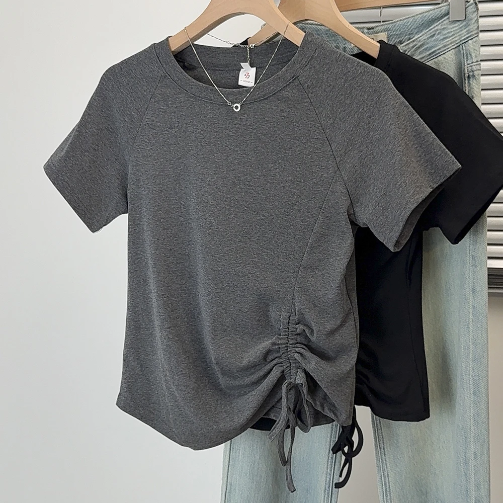 设计感小众正肩短袖T恤夏季胖MM大码女装显瘦不规则收腰遮肚上衣